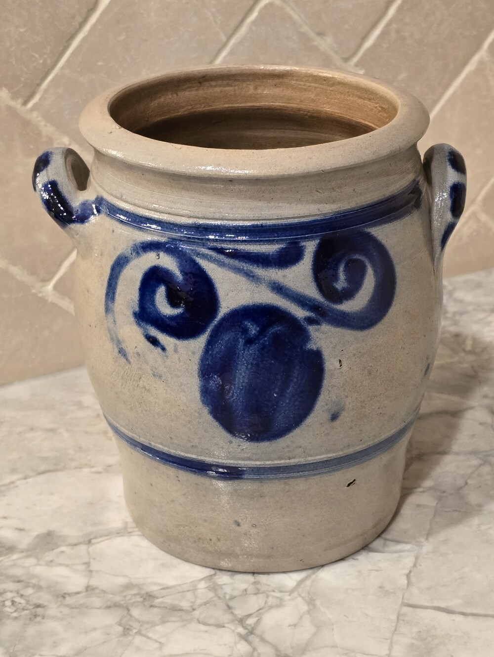 Antique Salt Glazed Cobalt Decorated Crock Stoneware Pot Farmhouse Primative